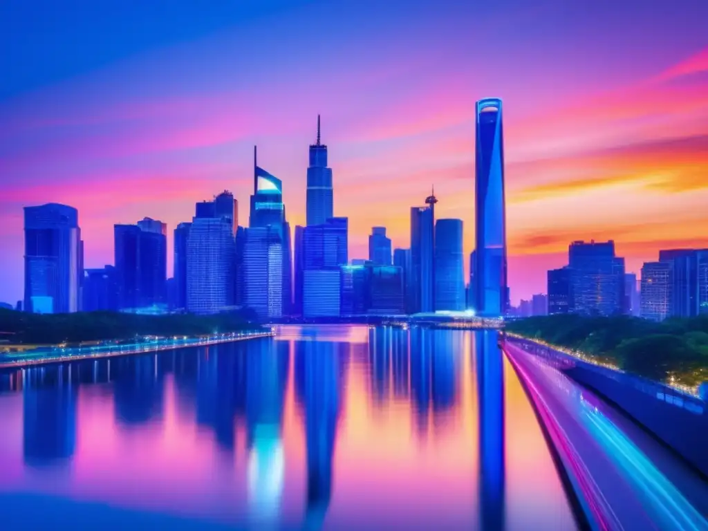 Moderna ciudad iluminada por rascacielos Deducciones fiscales en inversiones inmobiliarias en una ciudad moderna al atardecer
