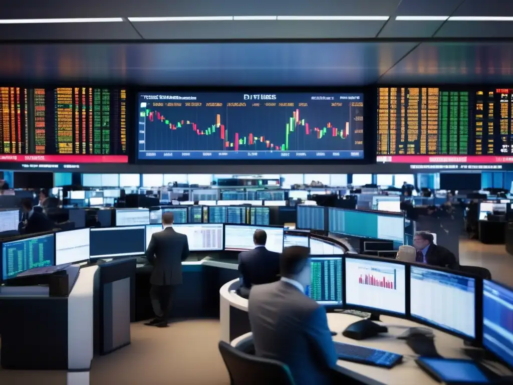 Traders en acción: Mercado bursátil intensivo Invertir en derivados durante volatilidad en un ajetreado mercado bursátil con traders y pantallas mostrando datos y gráficos en tiempo real