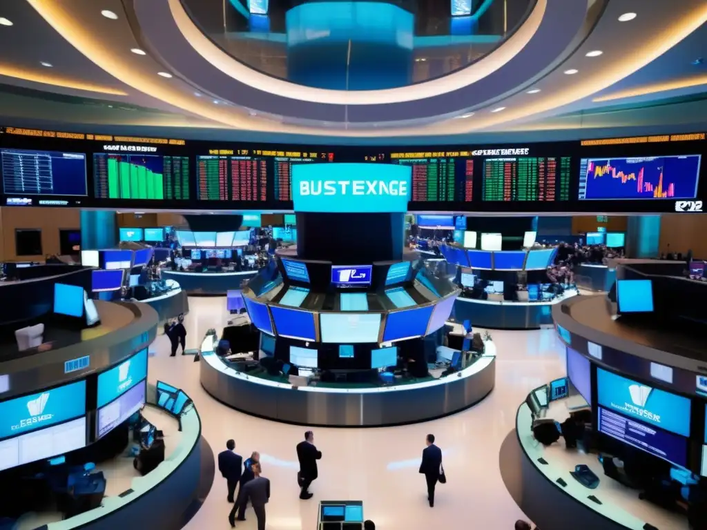 Piso de bolsa lleno de traders en acción Invertir en derivados durante volatilidad en la bolsa