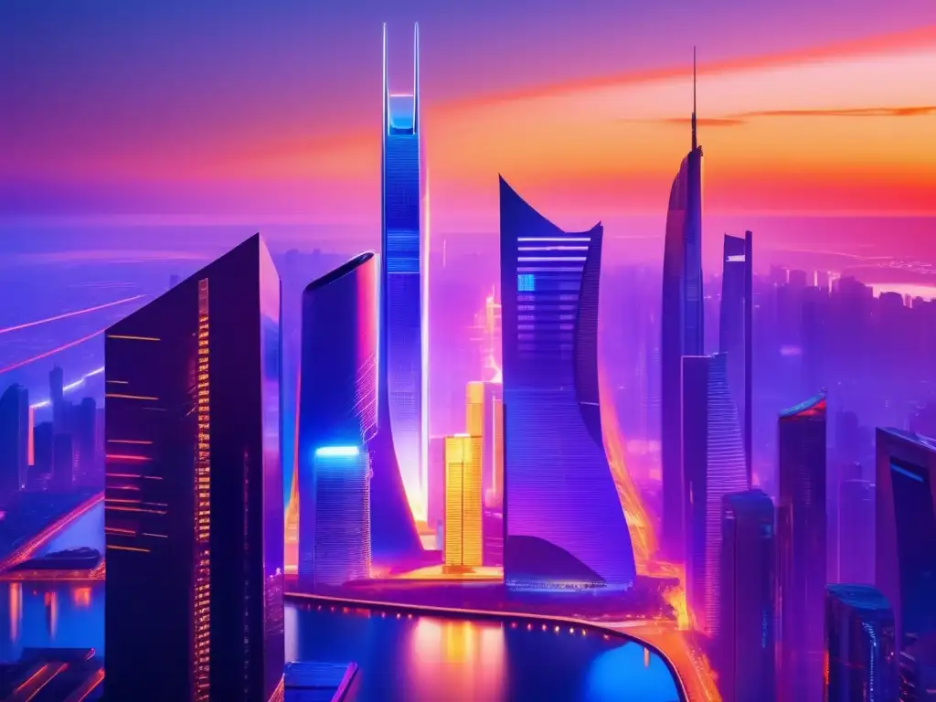 Futurista ciudad con rascacielos, luces y seguridad Desafíos escalabilidad empresas fintech - imagen futurista de ciudad con rascacielos, data lines y caja fuerte digital