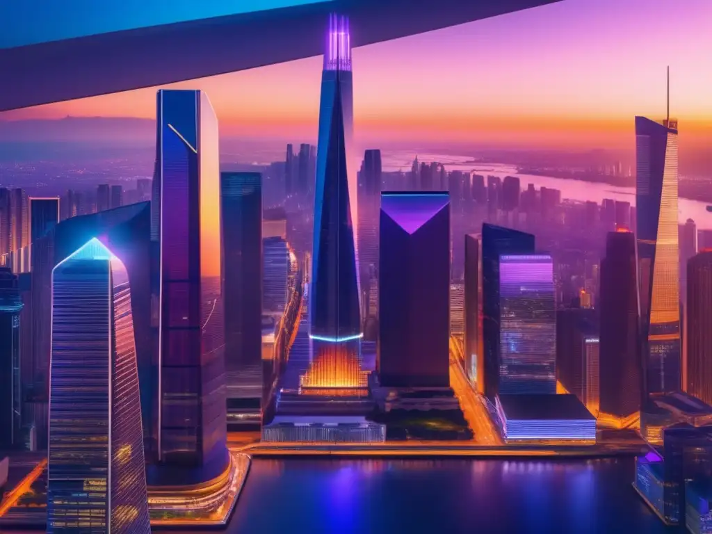 Ciudad futurista en la puesta de sol Desafíos en escalabilidad de empresas fintech: ciudad futurista con rascacielos y profesionales discutiendo