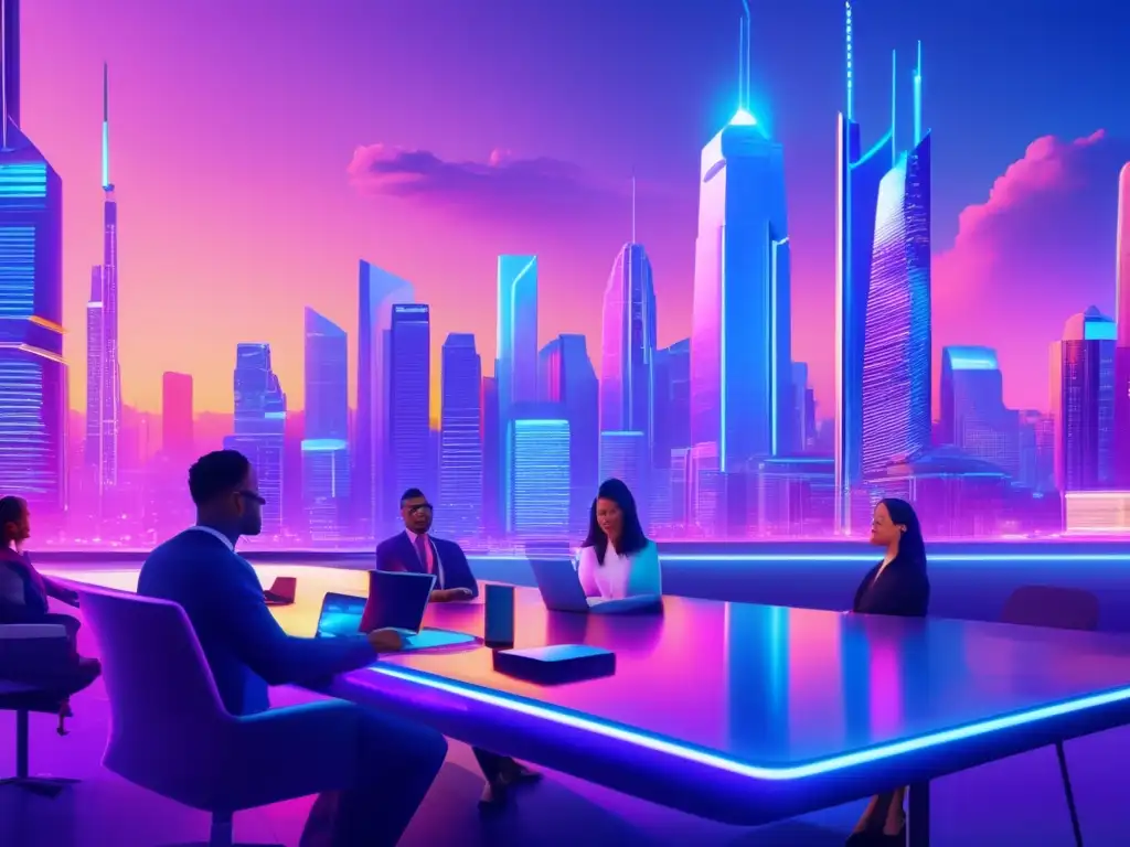 Futuro ciudad tecnológica con profesionales colaborando Desafíos de escalabilidad en fintech: profesionales colaboran en ciudad futurista