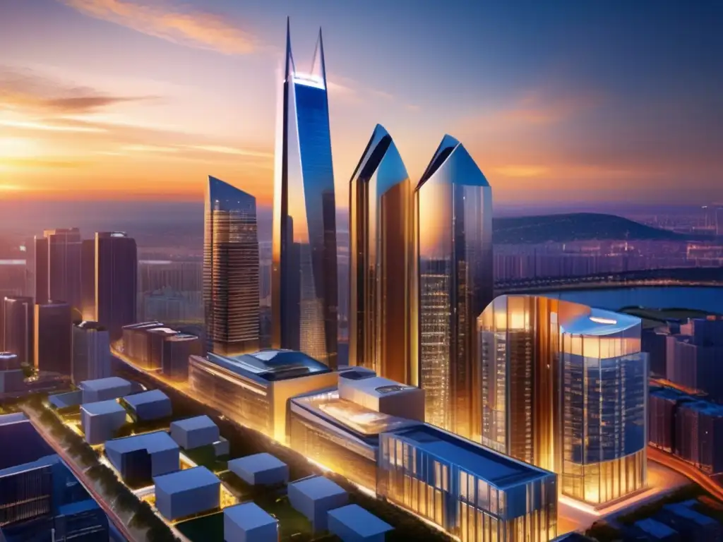 Desarrollo inmobiliario moderno con impresionantes vistas urbanas Desarrollo inmobiliario moderno con edificios de vidrio, skyline vibrante y vistas impresionantes