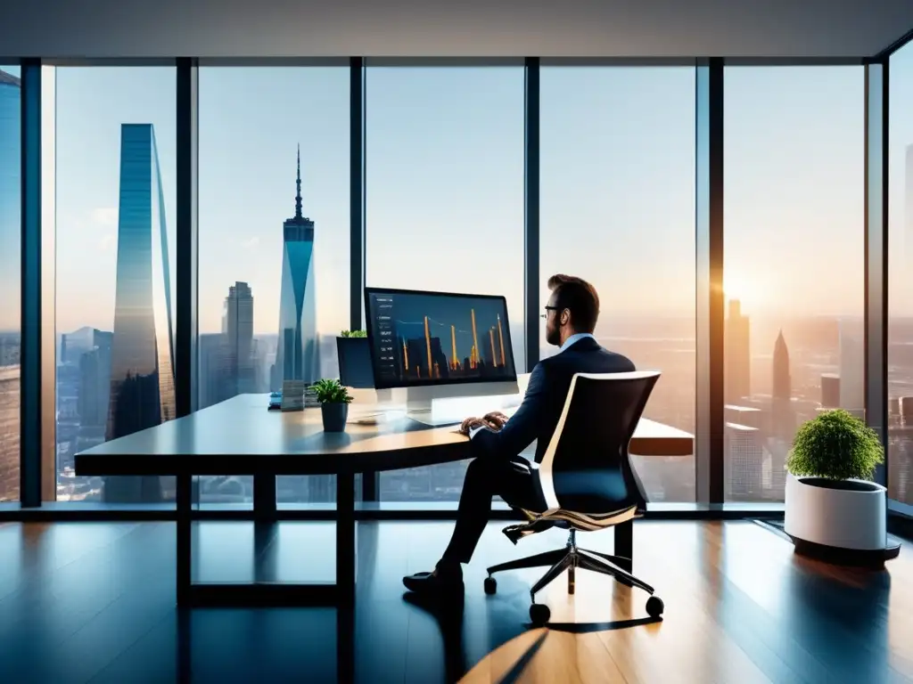 Oficina moderna con vista a la ciudad Desarrollo mentalidad inversora exitosa en una oficina moderna con vista panorámica y tecnología avanzada