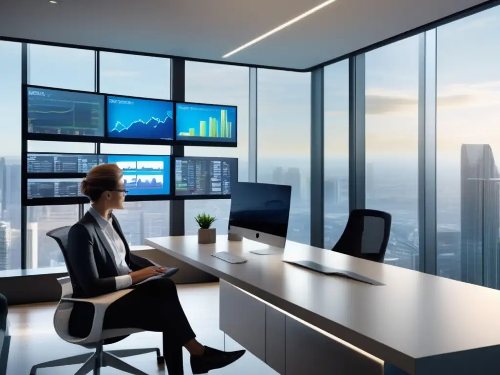 Oficina moderna con luz natural y tecnología avanzada Desarrollo de mentalidad inversora exitosa en moderna oficina con luz natural, mobiliario minimalista y tecnología avanzada