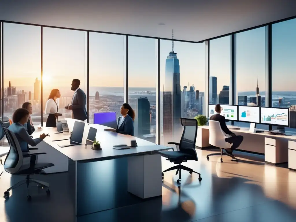 Oficina moderna con vista panorámica de ciudad Desempeño financiero de empresas comprometidas con cambio social