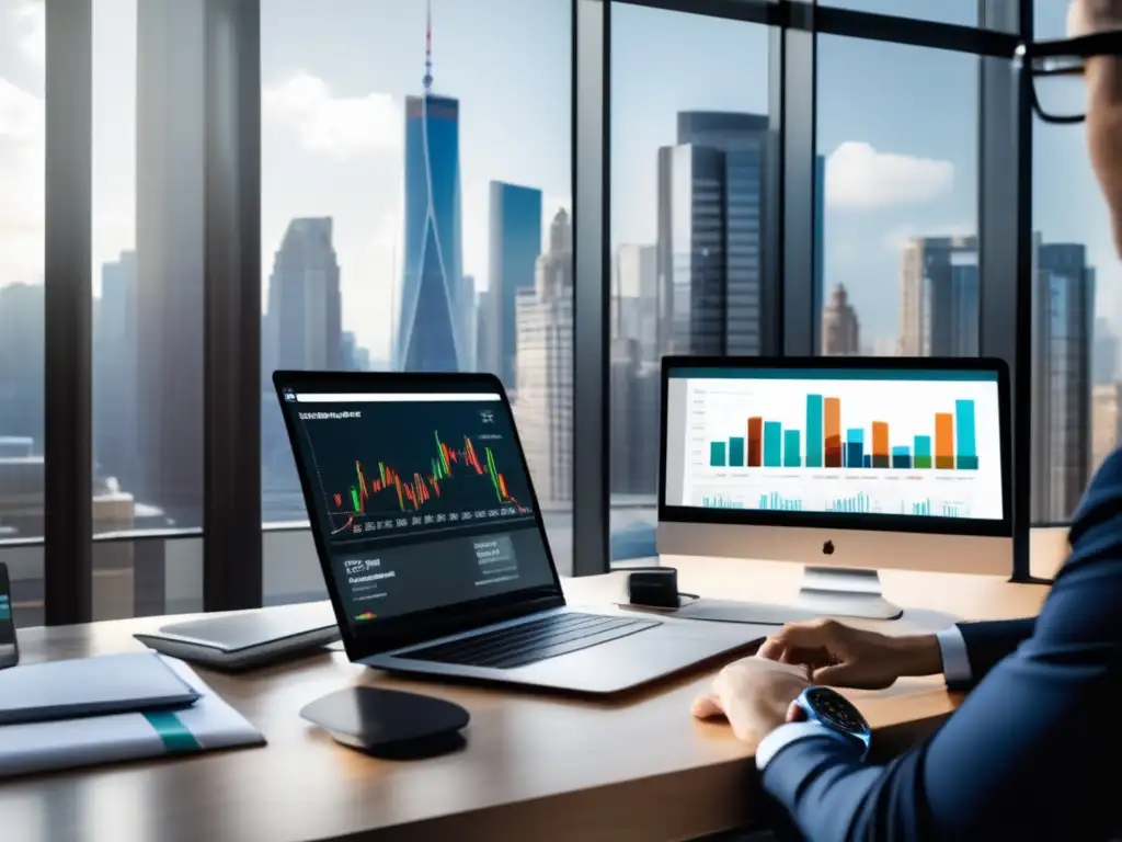 Espacio de oficina moderno y luminoso con vista financiera Desinformación financiera: identificar y evitar - Oficina moderna con ventanales y escritorio de madera, laptop y periódicos crumpled -