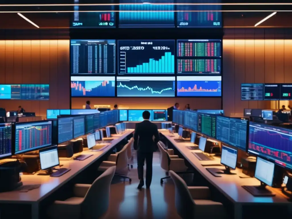 Intenso trading en moderna sala Desmentidos mitos sobre bolsa global - Imagen 8k detallada muestra moderno piso de trading con traders analizando datos y precios de acciones