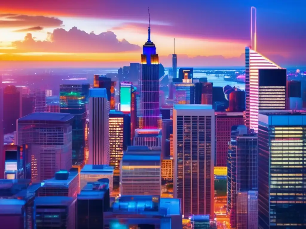 Moderna ciudad futurista y vibrante con rascacielos iluminados Desmentidos mitos sobre bolsa global: ciudad futurista con rascacielos iluminados y actividad intensa en la bolsa