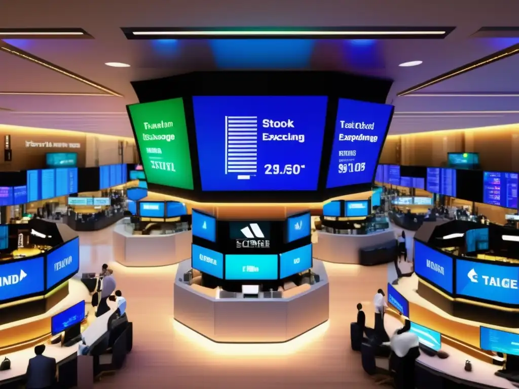 Piso de bolsa moderno y animado Desmentidos mitos sobre bolsa global - Piso de bolsa moderno y vibrante con traders en trajes, pantallas y conversaciones animadas