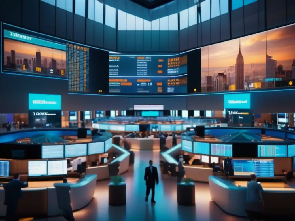 Traders en la bolsa de valores Desmentidos mitos sobre bolsa global - Escena vibrante de bolsa con traders enfocados y modernas pantallas