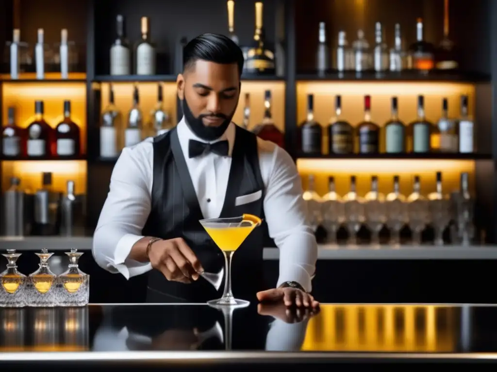 Barra elegante con coctel de lujo Invertir en destilados premium: Bar elegante con mostrador pulido y estantes llenos de botellas de calidad