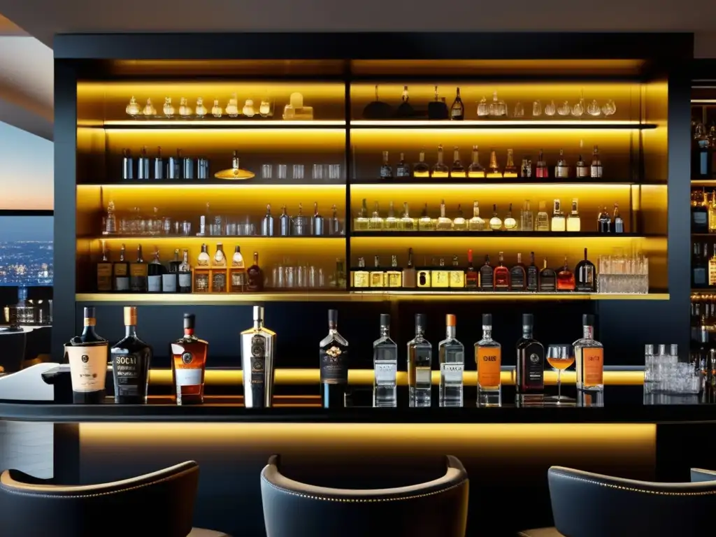 Elegante barra de bar con licores premium Invertir en destilados premium: barra moderna con botellas de gin, vodka y ron, iluminadas por luces doradas, en un entorno sofisticado y elegante