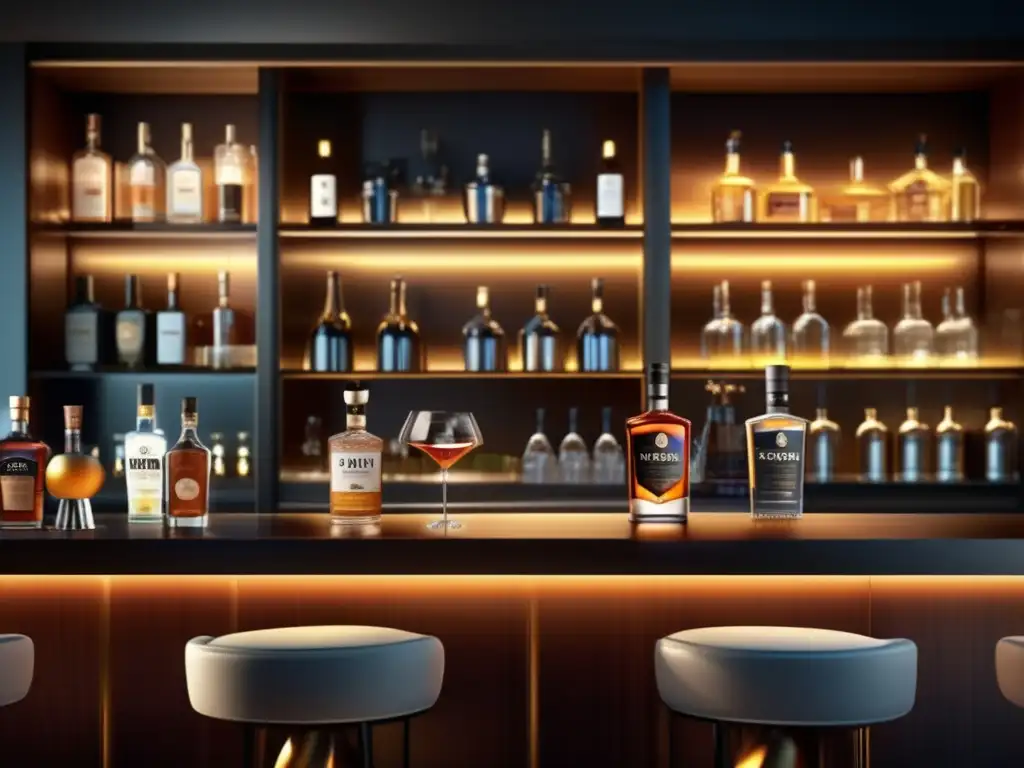 Barra de lujo con botellas de ginebra, vodka y ron premium Invertir en destilados premium en elegante bar con mixólogo experto y exclusivas botellas de gin, vodka y ron