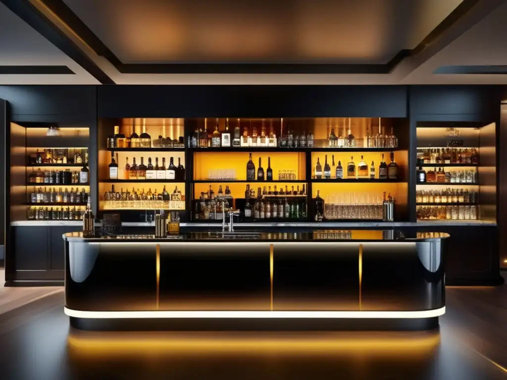 Barra de lujo con exclusivas bebidas premium Invierte en destilados premium: elegante bar con lujosos licores, botellas exclusivas y cócteles artesanales