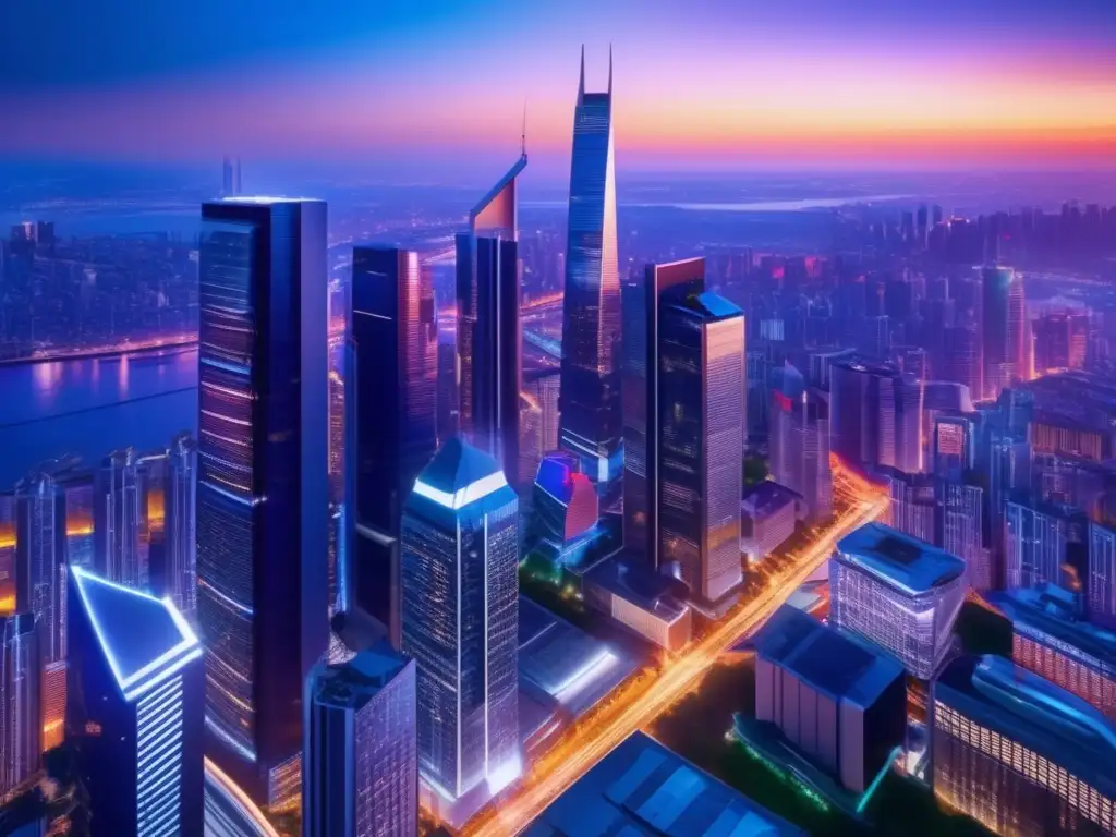 Ciudad urbana iluminada con rascacielos altos Deuda en inversiones: realidades y consejos - Ciudad moderna iluminada de noche, con rascacielos impresionantes y vibrante energía urbana