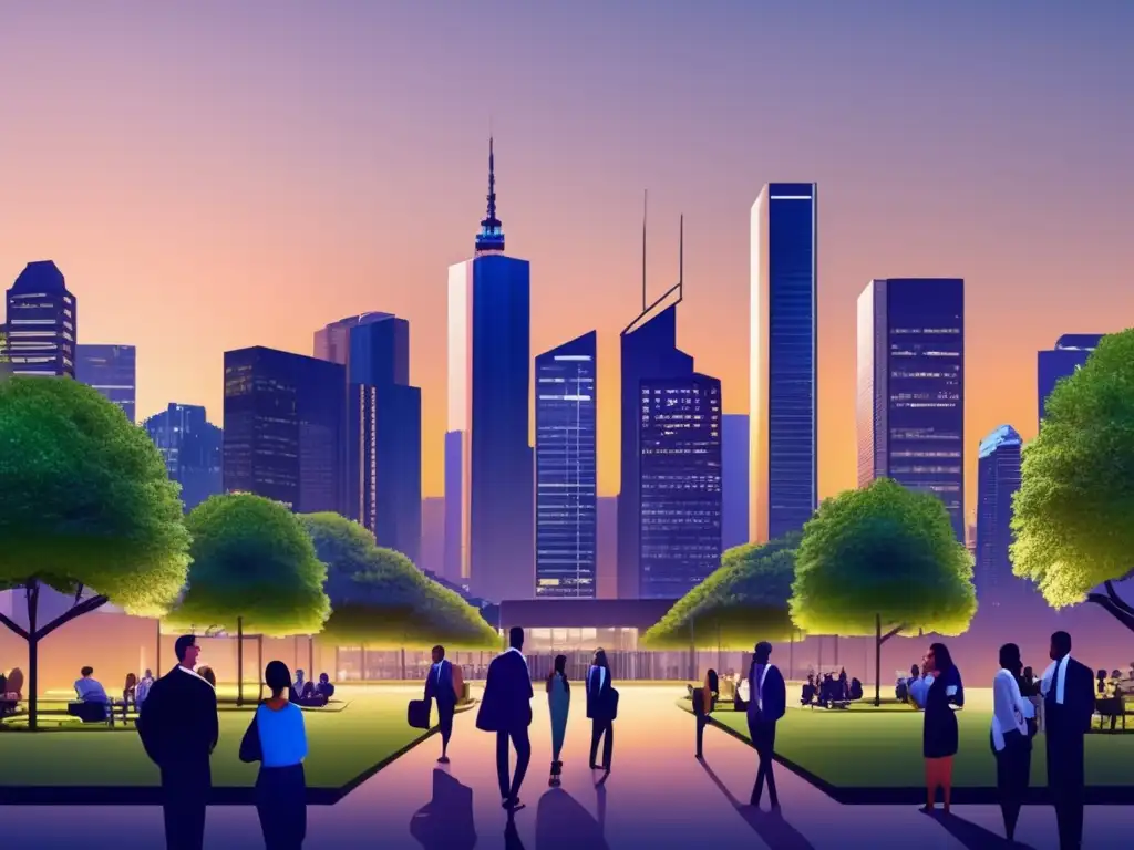 Skyline urbana moderna al atardecer con profesionales discutiendo Diferencias REITs vs