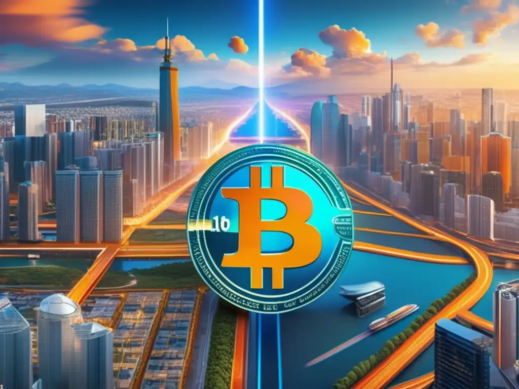 Contraste entre Bitcoin Cash y Bitcoin Diferencias Bitcoin Cash vs Bitcoin: paisajes digitales contrastantes de ciudad vibrante y campo sereno