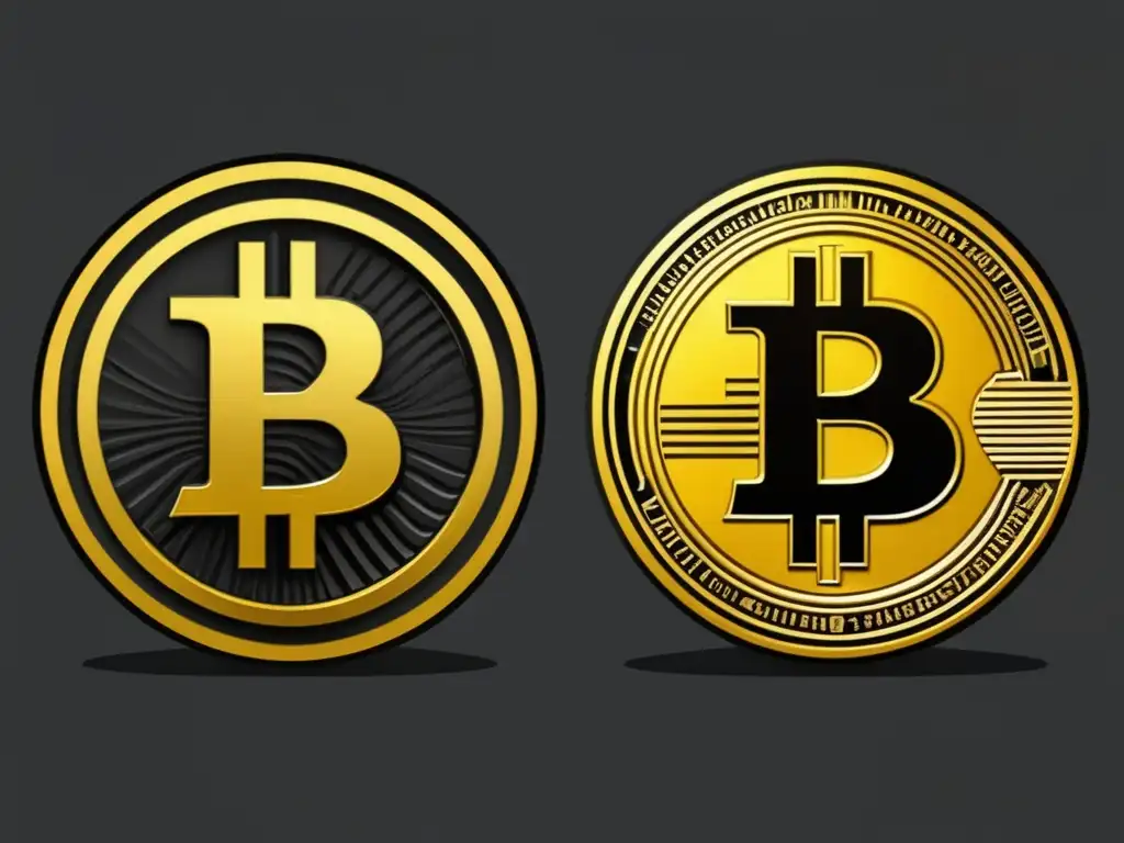 Monedas de Bitcoin Cash y Bitcoin contrastantes Diferencias Bitcoin Cash vs Bitcoin: dos monedas de oro contrastantes con logos distintivos, reflejadas en una superficie brillante