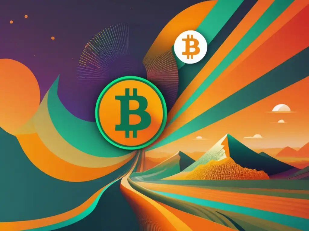 Competencia criptográfica: Bitcoin vs Diferencias Bitcoin Cash vs Bitcoin: paisaje digital representando la división de las criptomonedas, símbolos destacados y diseño moderno