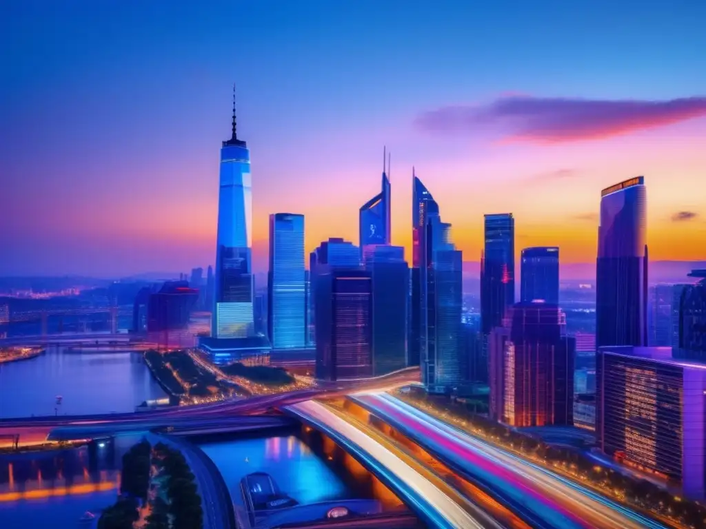 Ciudad moderna iluminada de noche Diferencias entre bonos y acciones: imagen impactante de una ciudad moderna al atardecer, con rascacielos iluminados y una calle bulliciosa