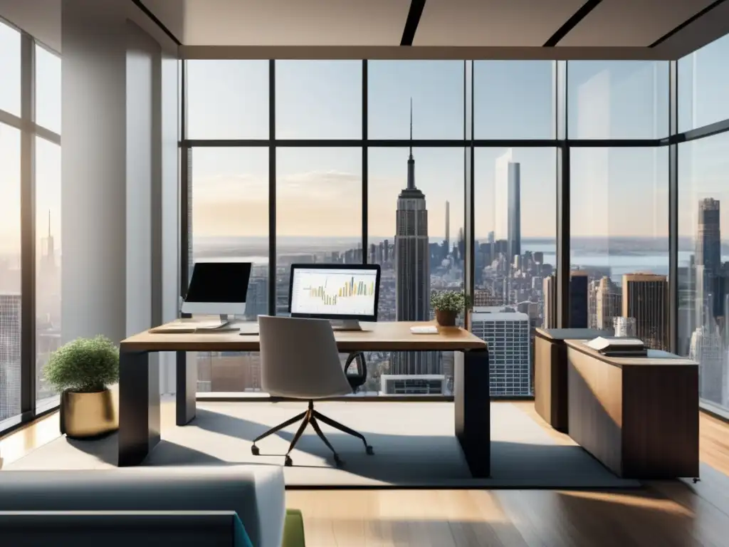 Oficina moderna con vista a la ciudad Diferencias entre bonos y acciones: Oficina moderna con ventanales, luz natural y mesa de madera con laptop y gráficos financieros