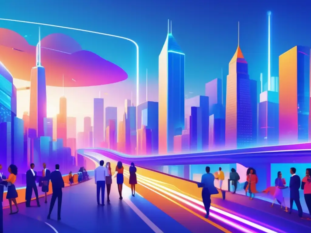 Caminos divergentes en ciudad futurista: crowdfunding y capital de riesgo Diferencias entre crowdfunding y capital de riesgo en una imagen futurista de colaboración y apoyo empresarial