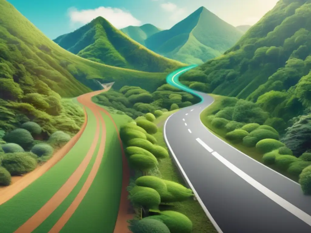 Caminos divergentes: crowdfunding vs Diferencias crowdfunding y capital riesgo: Caminos divergentes en un bosque verde con una carretera pavimentada y una montaña empinada