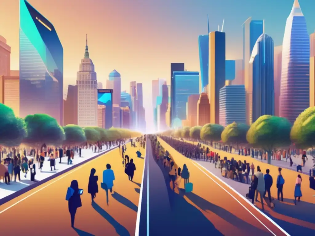 Caminos contrastantes: crowdfunding vs Diferencias entre crowdfunding y capital de riesgo: imagen 8k de caminos contrastantes, ciudad bulliciosa y gente diversa vs