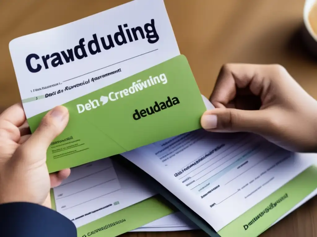 Comparación de Crowdfunding de Deuda y Capital Diferencias entre crowdfunding deuda y crowdfunding capital: manos sosteniendo documentos financieros y gráfico dinámico en tablet