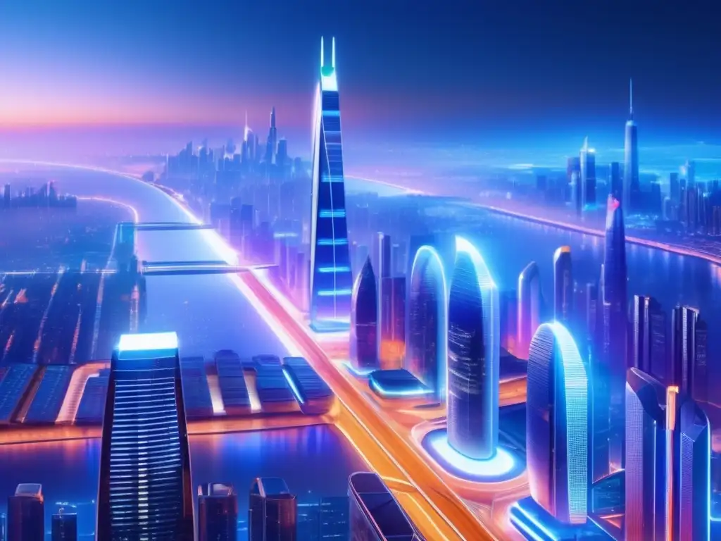 Futurista ciudad nocturna: innovación y progreso Diferencias ICO IPO: ¡Impresionante imagen 8k de una futurista ciudad nocturna llena de rascacielos y sistemas de transporte avanzados!