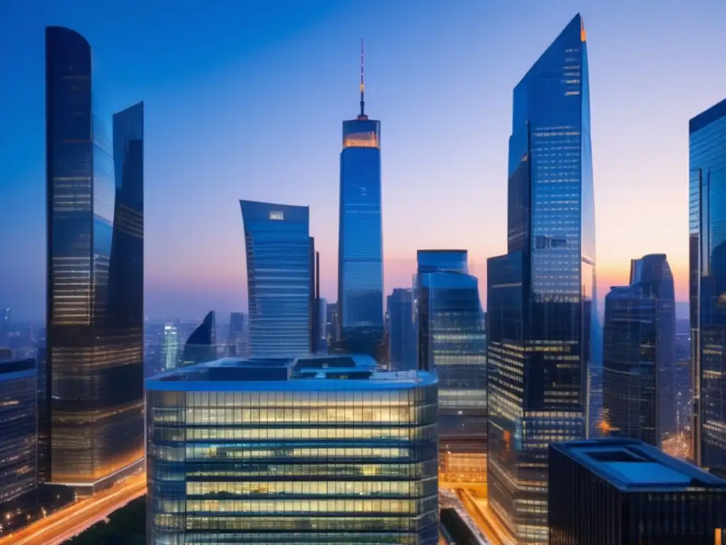 Ciudad cosmopolita al atardecer Diferencias interculturales en inversiones: Ciudad global al atardecer con rascacielos, oficinas de cristal y profesionales en diálogo