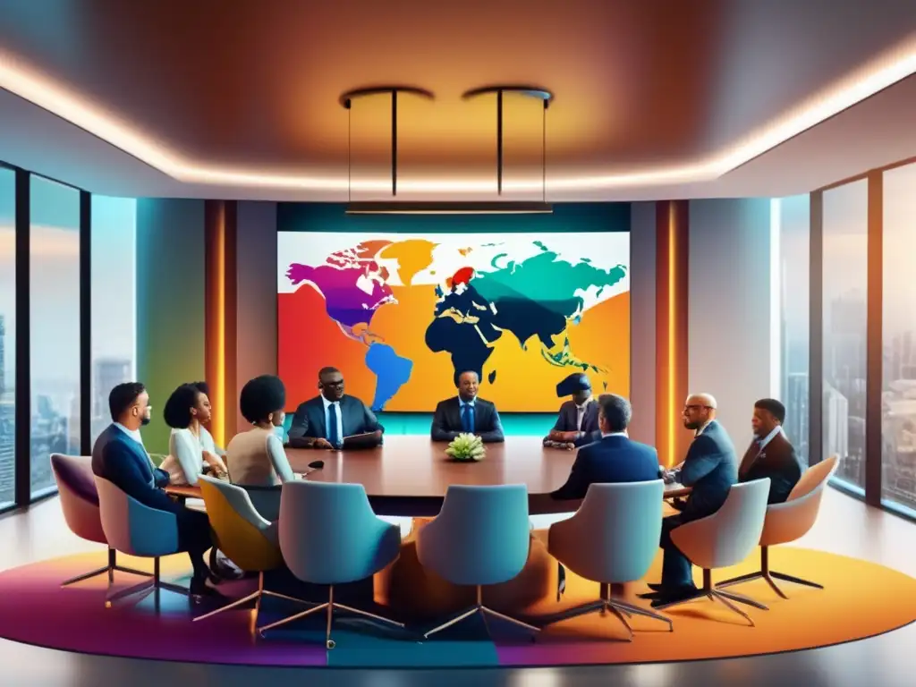 Sala de juntas multicultural Diferencias interculturales en inversiones: profesionales en sala de juntas con elementos culturales y discusión activa