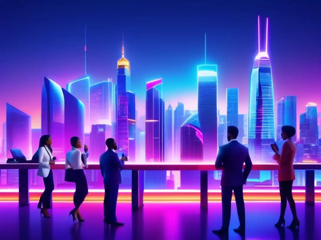 Inversores participando en ciudad futurista Diferencias entre ICO y IPO en un futurista paisaje nocturno de una ciudad con rascacielos iluminados por luces de neón, donde profesionales discuten
