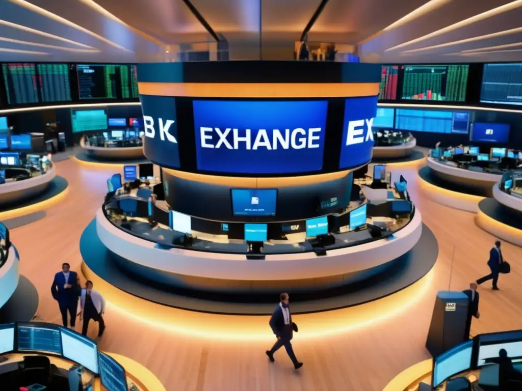Piso de bolsa vibrante y moderno Diferencias NASDAQ vs NYSE: Moderno piso de bolsa con traders, tecnología avanzada y gráficos digitales coloridos