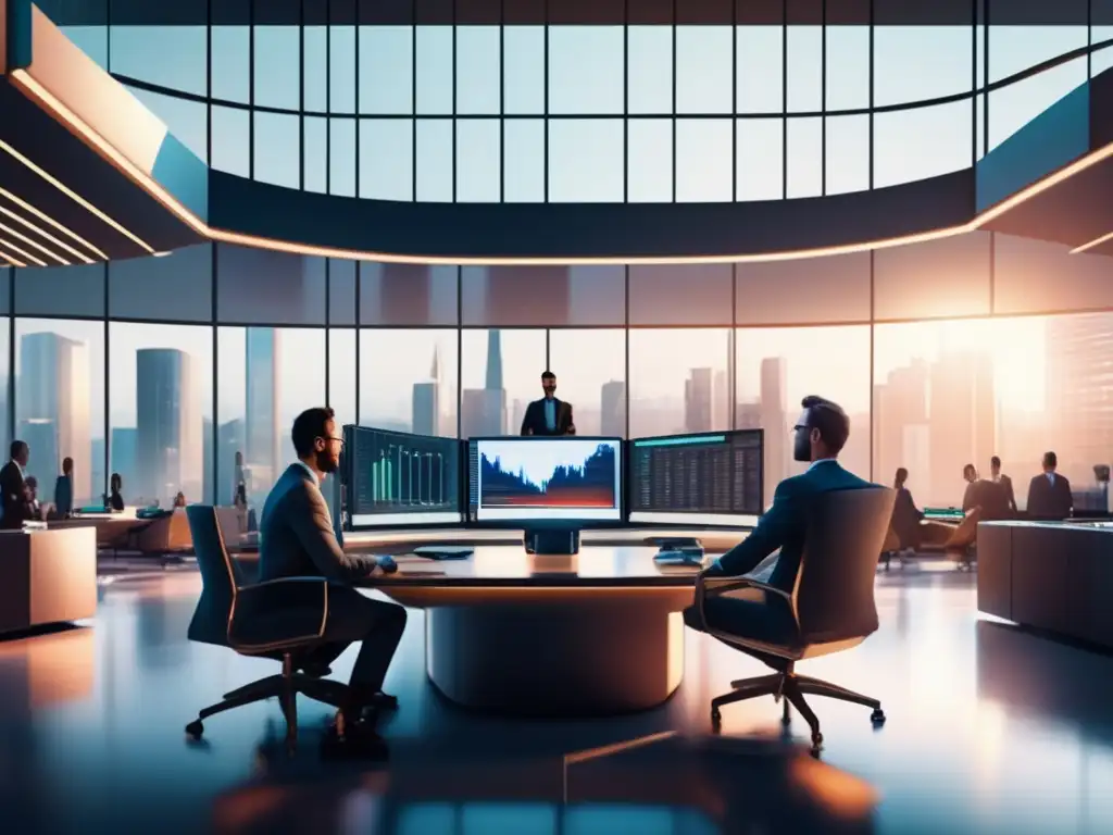Futuro trading floor con oficinas de vidrio y tecnología avanzada Diferencias TradeStation y NinjaTrader para day trading