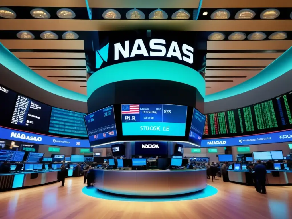 Vibrante actividad en bolsas de valores Diferencias NASDAQ vs NYSE: vibrante imagen 8k muestra trading floors, traders coloridos, datos en tiempo real y arquitectura moderna