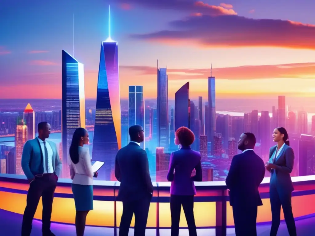 Ciudad futurista al atardecer con profesionales discutiendo Diferimiento fiscal para inversionistas a largo plazo en una ciudad futurista al atardecer con rascacielos iluminados