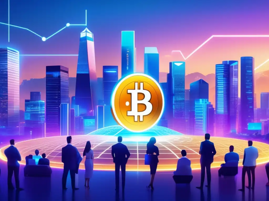 Revolución digital: criptomonedas y blockchain Revolución digital en inversiones: Ciudad futurista con criptomonedas