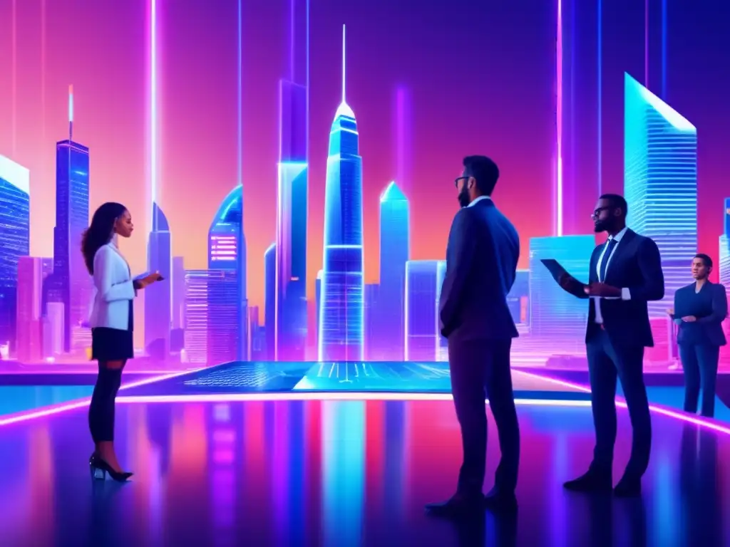 Futuro digital: ciudad y finanzas Revolución digital en inversiones: Ciudad futurista con rascacielos modernos, profesionales debatiendo, gráficos holográficos y logos de startups