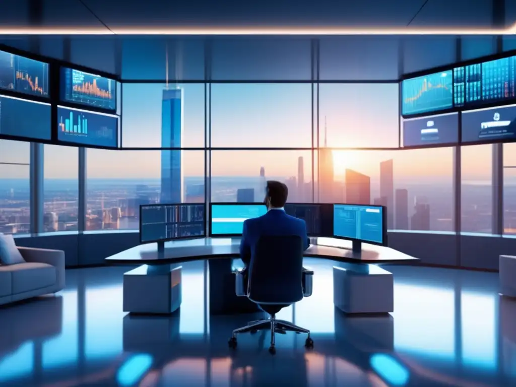 Traders en sala de operaciones moderna y sofisticada Revolución digital en inversiones en una moderna sala de operaciones con vista panorámica a la ciudad