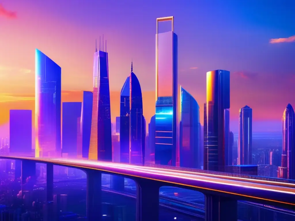 Ciudad futurista: tecnología, arquitectura y conectividad Revolución digital en mercados emergentes: ciudad futurista con rascacielos, tecnología avanzada y personas conectadas