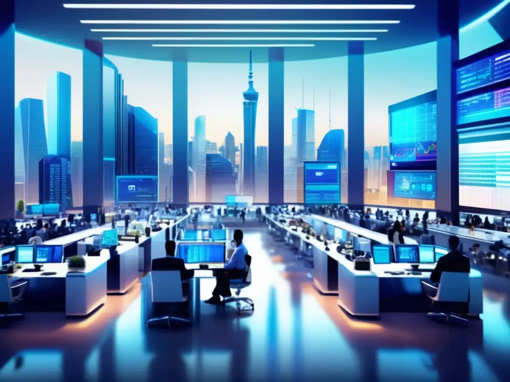 Traders en una ciudad futurista Ilustración digital de una sala de trading futurista, con traders en estaciones de trabajo y pantallas de datos financieros