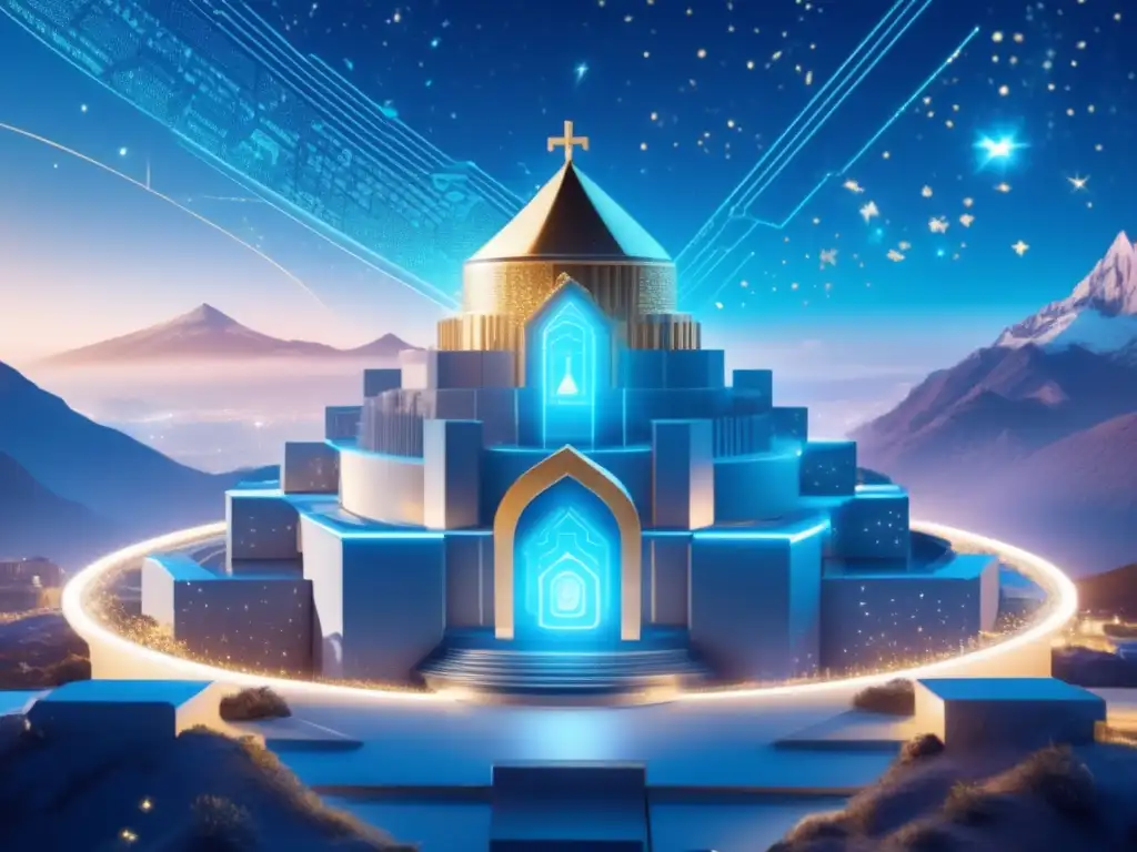 Fortaleza digital futurista con blockchain Digital fortress con símbolos blockchain: Inversiones seguras en criptomonedas