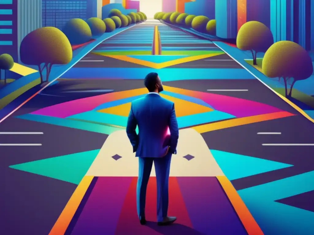 Dilema del inversionista: intuición vs análisis Dilema inversionista: intuición vs análisis, hombre en encrucijada, colores vibrantes, detalles intricados