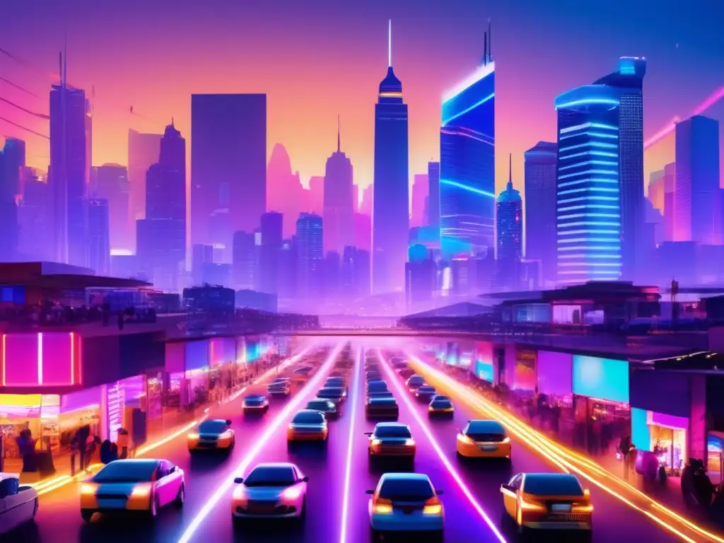 Ciudad vibrante al anochecer: crecimiento económico Dinámica cambiaria en mercados emergentes: ciudad moderna y vibrante con rascacielos iluminados y símbolos de moneda en el fondo