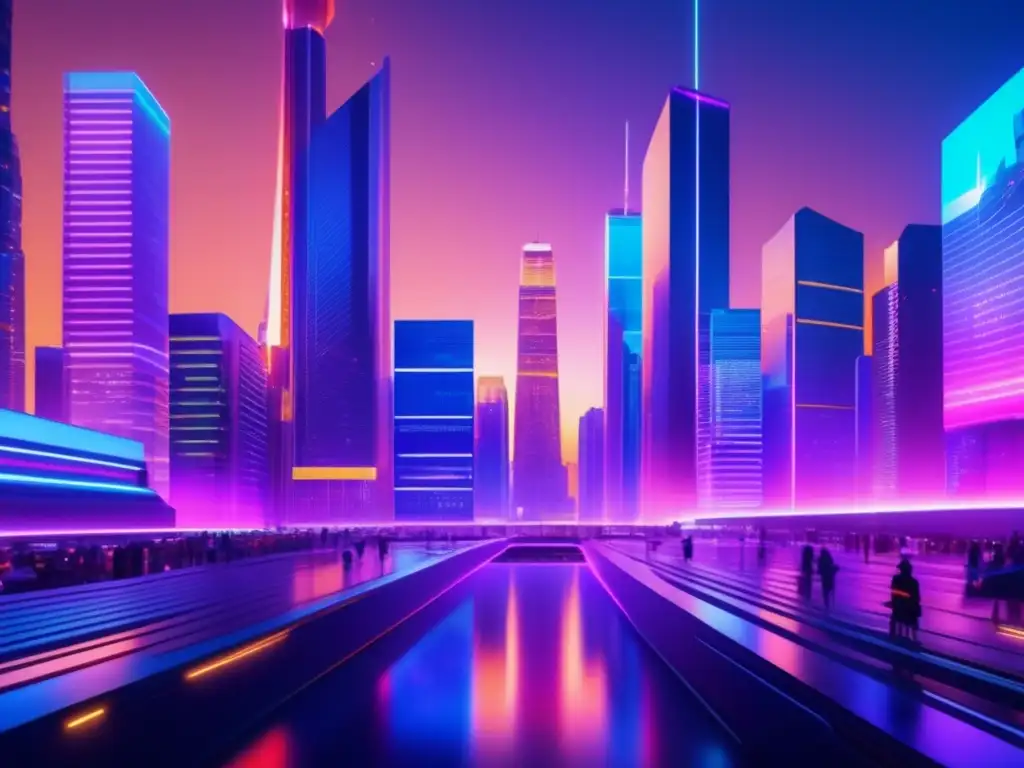 Futurista mercado financiero global Dinámica cambiaria mercados emergentes: Futurista ciudad financiera con rascacielos, pantallas LED y tráfico activo