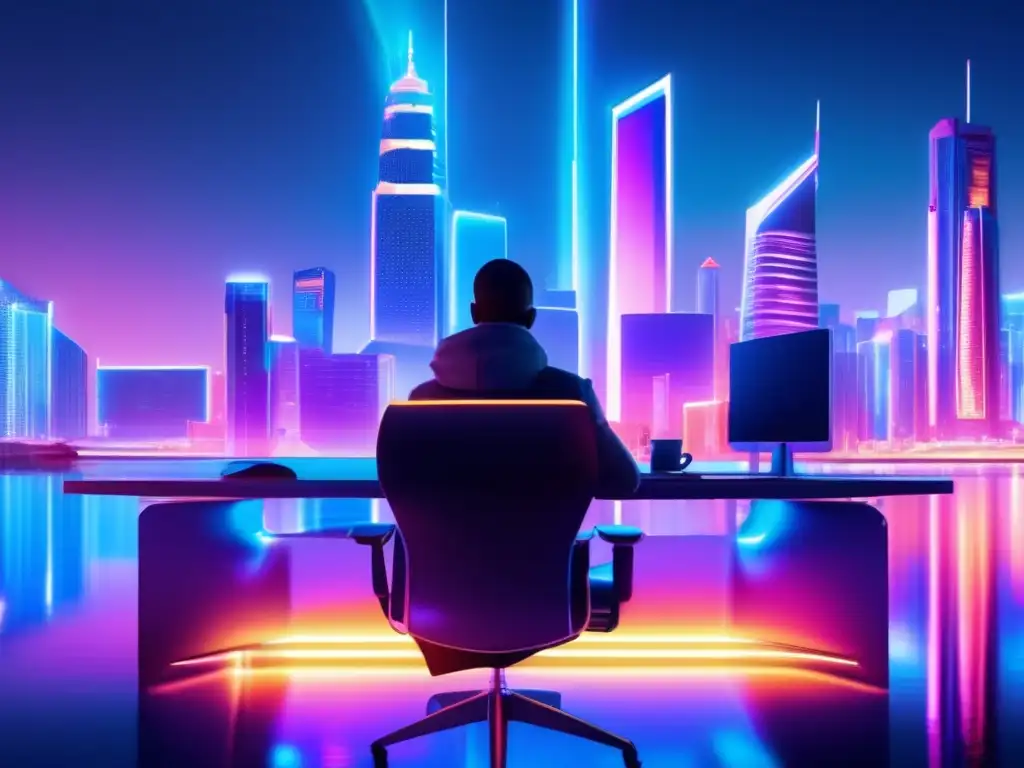 Ciudad nocturna con rascacielos y tecnología Recuperar dinero de fraude online: imagen nocturna de una moderna ciudad con rascacielos iluminados por luces de neón, reflejados en un río brillante