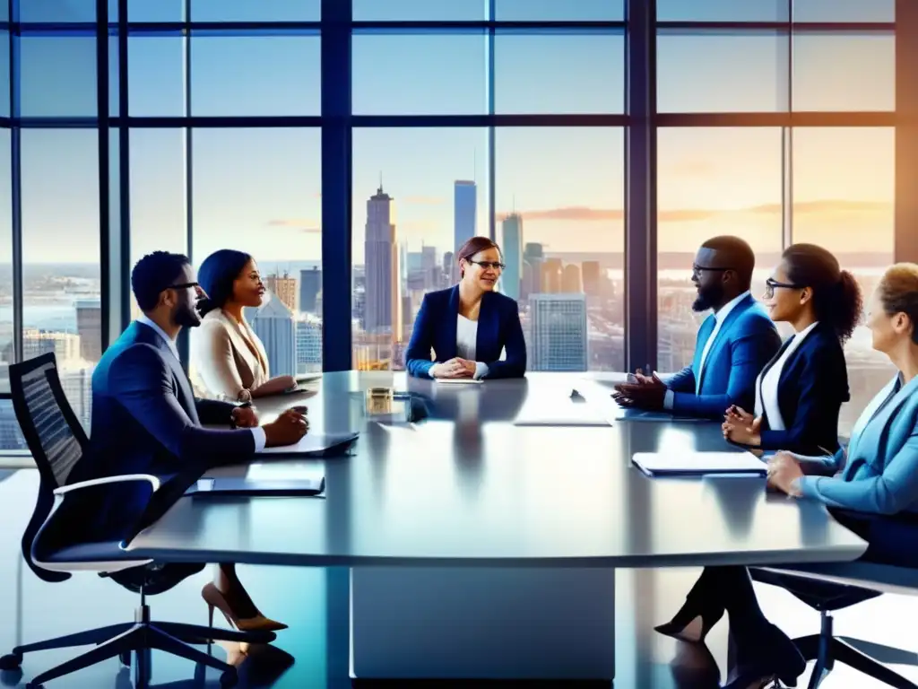 Reunión financiera diversa y colaborativa Discusión financiera con diversidad: Estrategias de diversificación financiera en oficina moderna con profesionales colaborativos