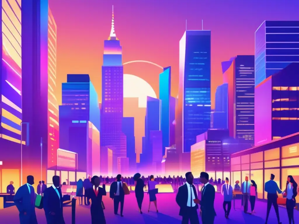 Ciudad financiera al atardecer Distrito financiero animado al anochecer, con rascacielos iluminados y profesionales de negocios en conversaciones dinámicas